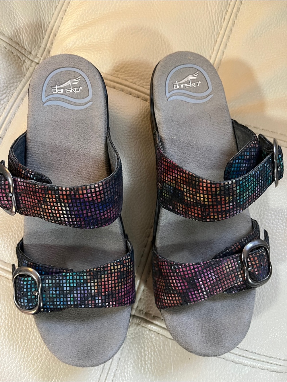 Dansko Mosaic Iridescent Multi-Color Leather Double Strap Clogs